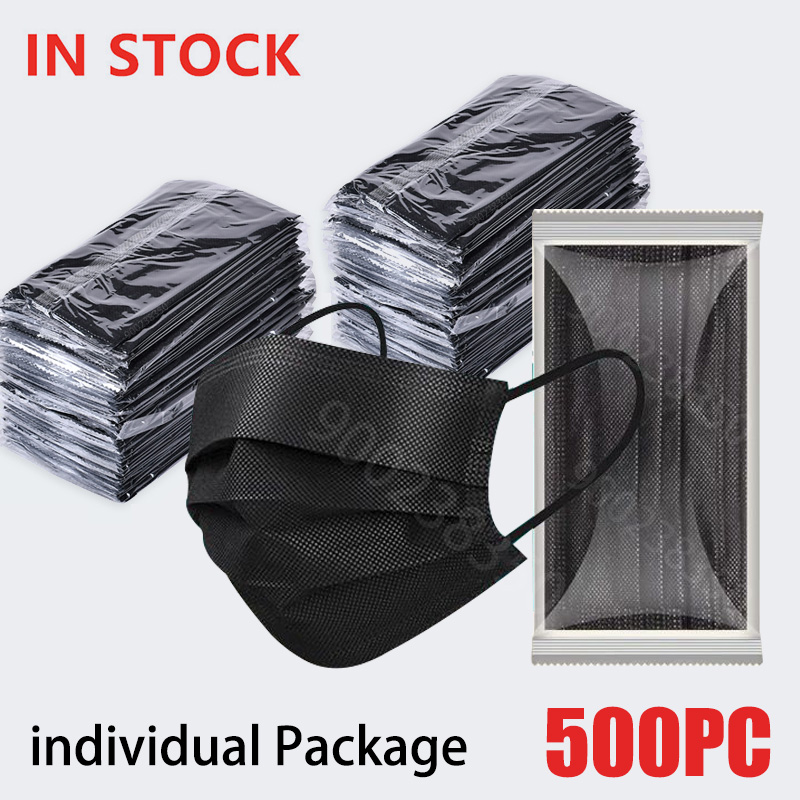 Disposable Surgical Mask - 10～500個入り、大人用使い捨てマスク、個別包装、黒色、防塵、3層構造、フィルター付き、黒い口元を覆うフェイスマスク。
