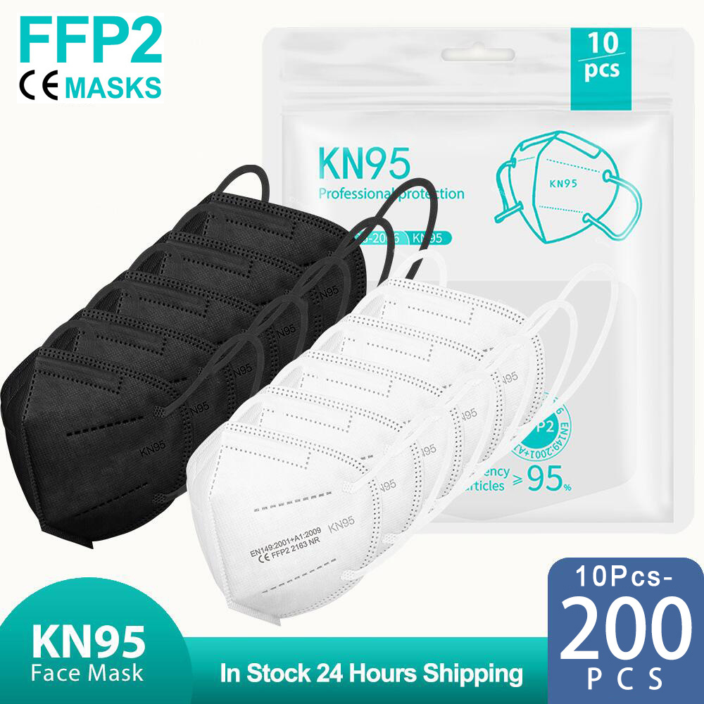 Disposable Surgical Mask - 10～200個入り、FFP2規格の黒色KN95マスク、CE認証取得、FFP2フェイスマスク、KN95、5層構造、不織布製、大人用、FFP2マスク、KN95、再利用可能。
